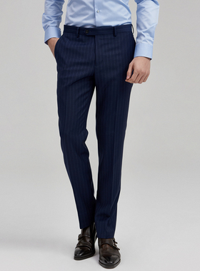 lessmore春夏季西裤长裤男直筒修身职业正装休闲裤蓝色竖条纹羊毛