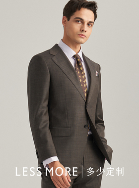 LESSMORE多少灰咖色西装纯羊毛男士结婚商务修身平驳领西服套装