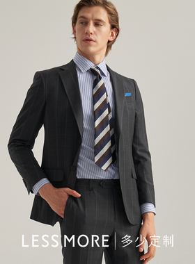 LESSMORE多少深灰色暗格纹羊毛套装平驳领结婚宴会商务职业西装