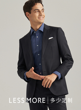 LESS MORE男士藏青条纹羊毛西服套装戗驳领商务修身职业正装西装