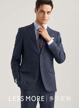 LESSMORE藏青色点状条纹西服套装男士纯羊毛商务宴会职业西服正装