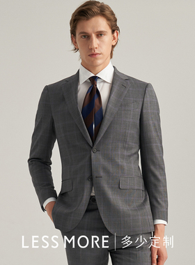 LESSMORE多少灰色窗格羊毛西服套装男士商务结婚宴会修身西装正装