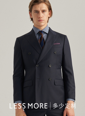 LESS MORE2020秋冬新款羊毛细条纹深藏青双排扣西服男士新郎西装