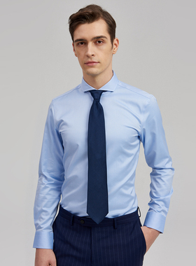 2020新款男士衬衫长袖修身温莎领人字纹纯棉正装商务衬衣免烫