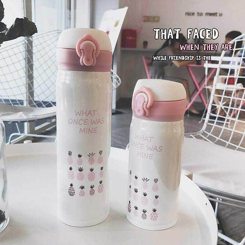日式粉嫩少女心菠萝弹盖保温壶女士学生直身真空不锈钢水杯子