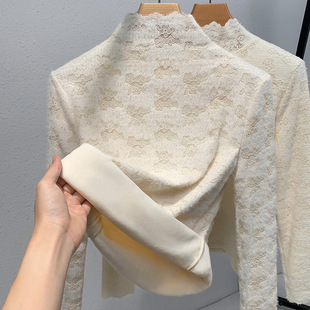 温柔风钩花蕾丝衫 女装 保暖内搭加绒加厚上衣 女2025新款 高领打底衫