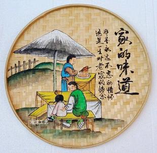 饰米筛墙壁创意火锅饭店餐厅竹制品挂画 手绘圆簸箕画竹编农家乐装