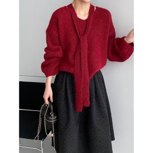 那末新年红!法式温柔风亮晶晶V领飘带毛衣女百搭V领针织衫L1215