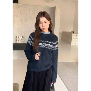 衣尔衫 费尔岛初冬 羊毛提花复古厚款毛茸茸毛衣女圆领上衣0669