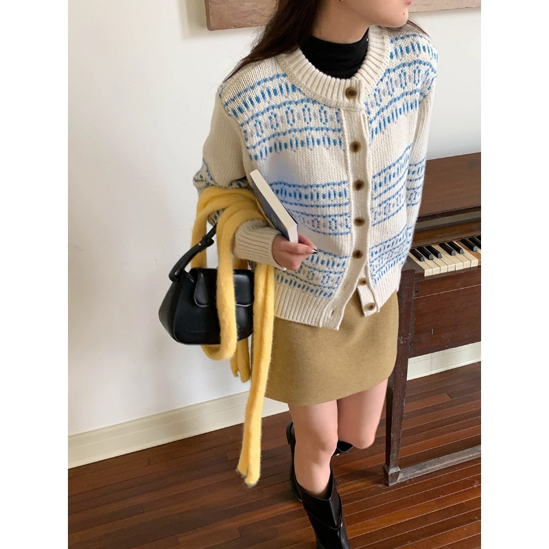 3th Morning 马德里恋曲 费尔岛撞色提花气质针织开衫ZY2414