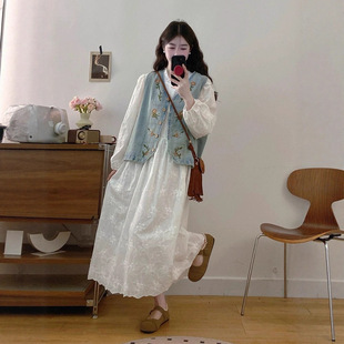 秋装搭配一整套牛仔马甲法式白色蕾丝连衣裙套装