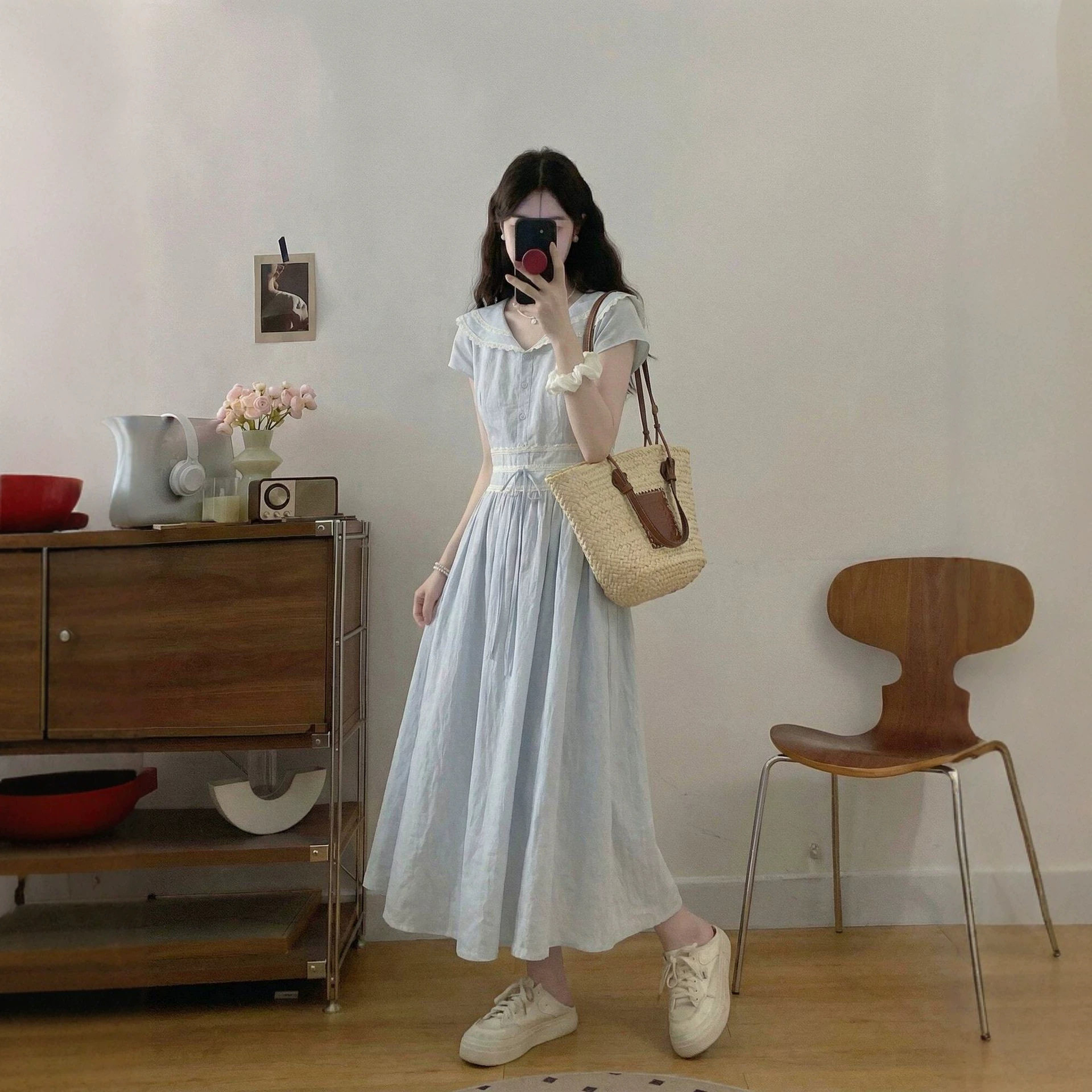时尚法式甜美风娃娃领连衣裙女2026夏季收腰显瘦气质中长裙女
