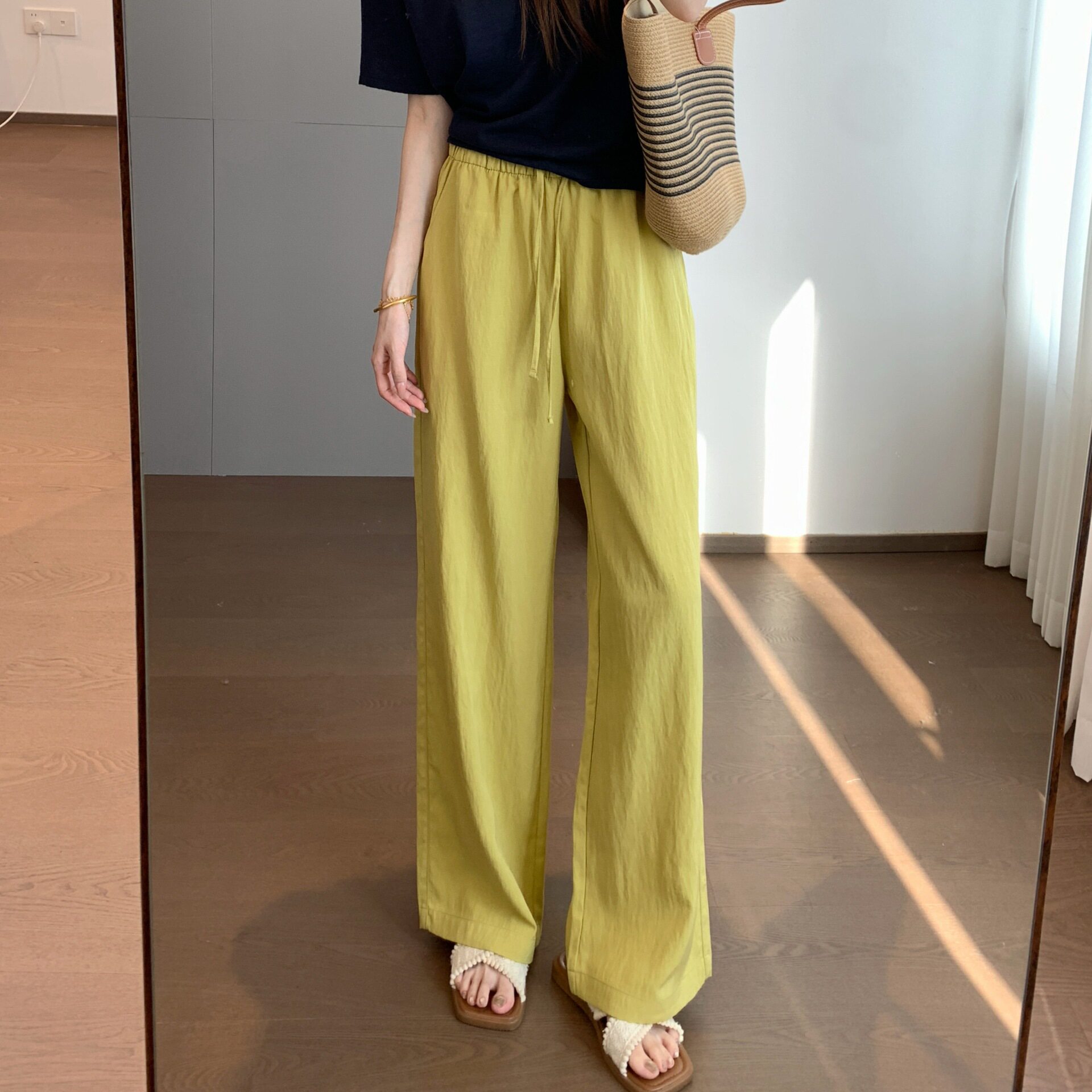 莱赛尔亚麻凉爽透气微皱肌理感高腰直筒休闲裤夏季女长裤子