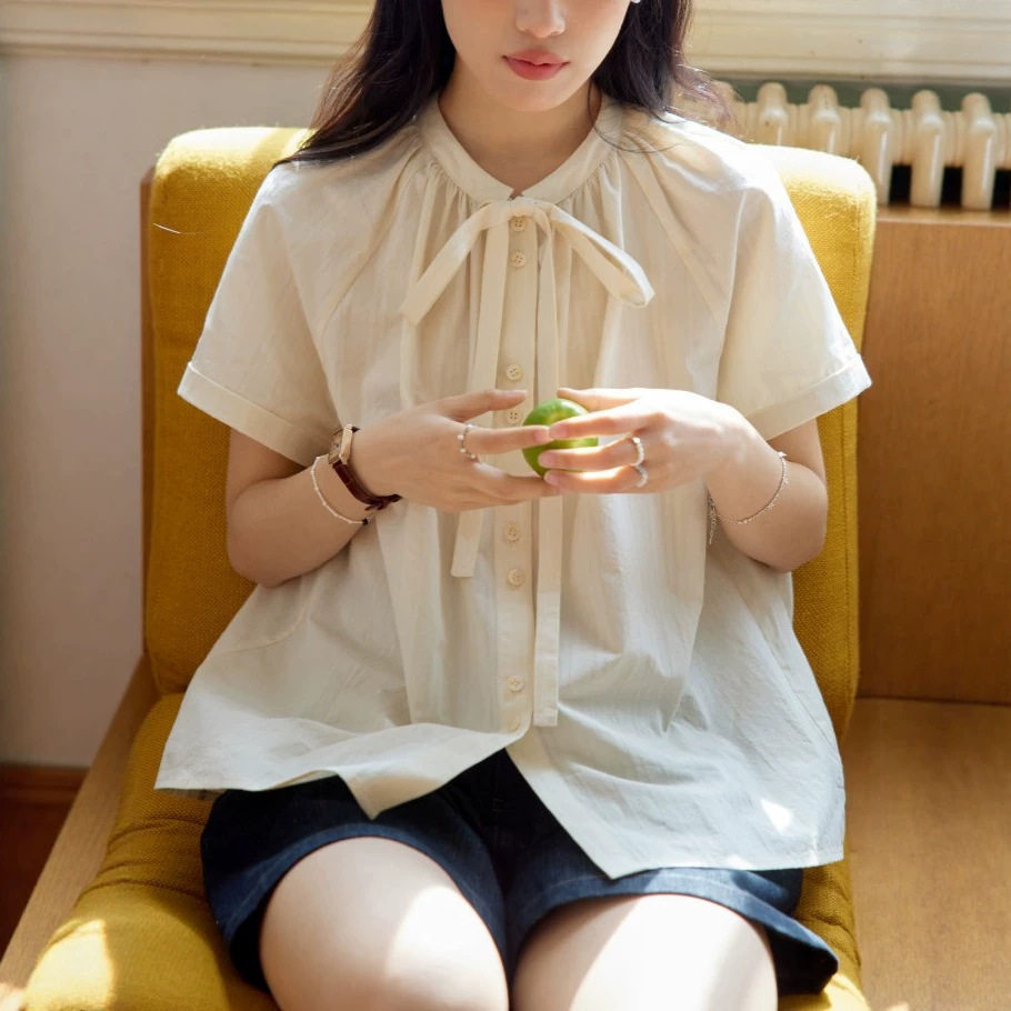 黄色衬衫女夏季新款法式圆领蝴蝶结插肩袖衬衣上衣