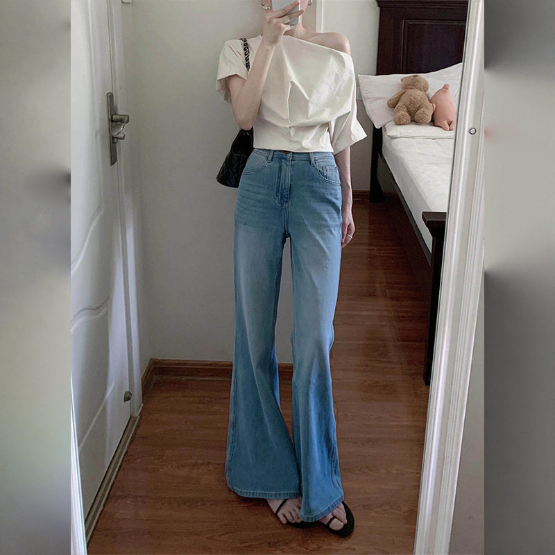 莱赛尔天丝微喇牛仔裤女夏季垂感高腰显瘦不贴腿春季阔腿喇叭裤子