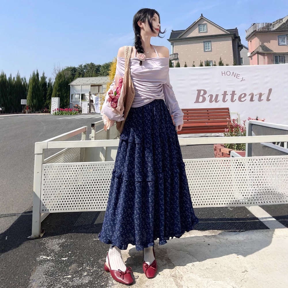 半身裙女春新款韩式复古蓝色碎花长裙子高腰a字裙