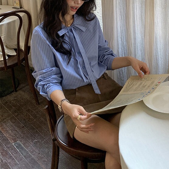法式浪漫蓝色蝴蝶结绑带条纹衬衫女长袖百搭休闲衬衣气质上衣