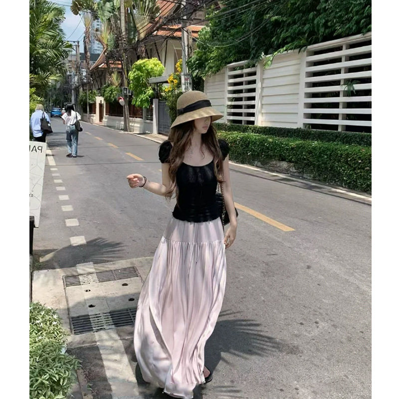 抽绳松紧腰半身裙夏季大摆a字裙长裙气质少女风气质裙子