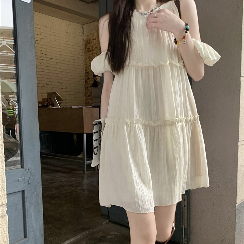 夏季法式甜美露肩A字短袖连衣裙