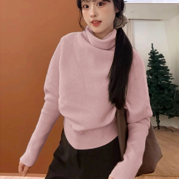 堆堆高领收腰毛衣女斜纹肌理修身显瘦短款温柔内搭针织套头