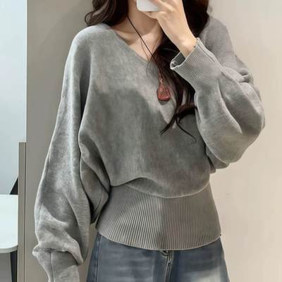 parkyeon韩系慵懒风针织衫灰色毛衣女秋冬收腰打底衫上衣