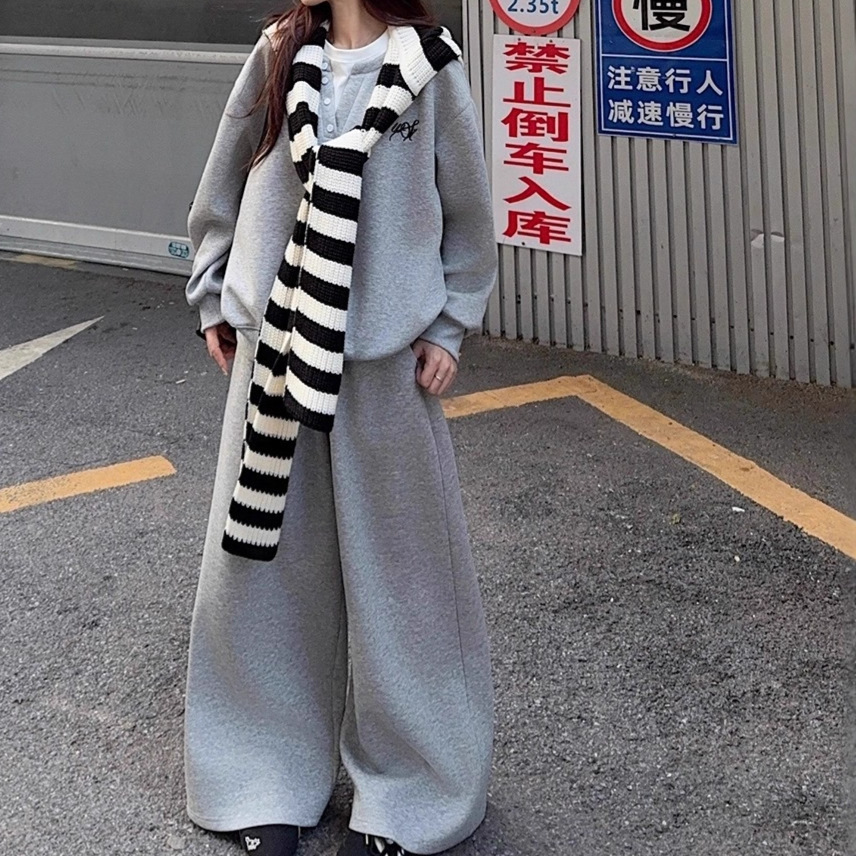 慵懒风套装条纹披肩撞色假两件卫衣女秋季休闲裤运动裤两件