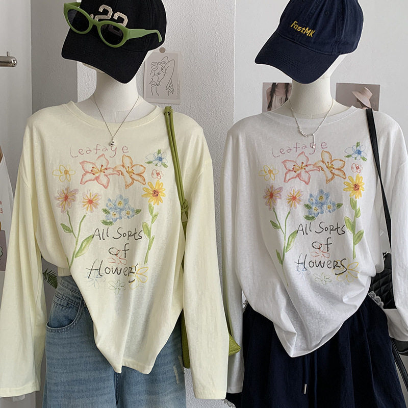 手绘彩色花朵印花宽松休闲雪花棉圆领长袖T恤上衣女