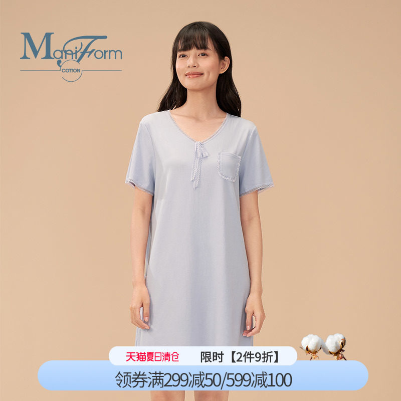 曼妮芬棉质生活睡衣家居服棉莫罗纹针织窄条蕾丝V领短袖睡裙TC