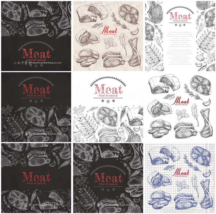 a0018矢量ai设计素材 手绘肉类食物牛排骨头线稿插画背景菜单元素