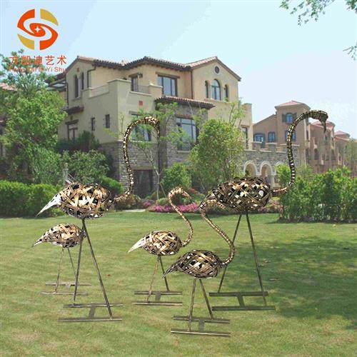 厂家纯手工不锈钢编织仿铜火烈鸟公园庭院草坪别墅落地摆件雕塑