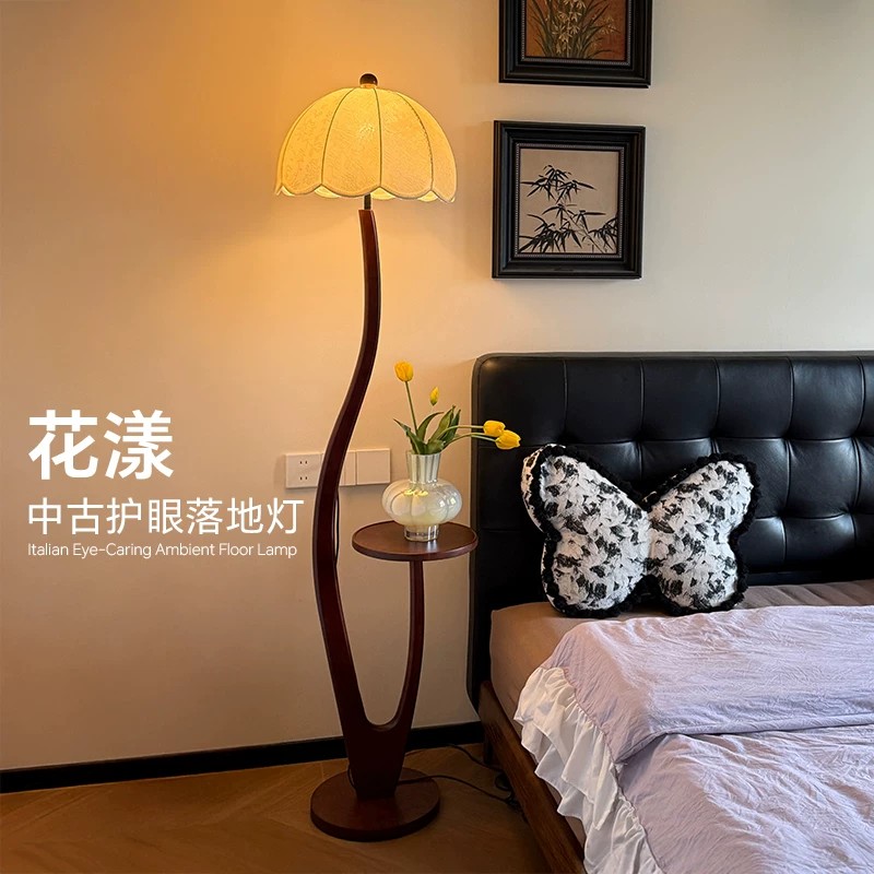 中古风实木落地灯置物架一体台灯图片