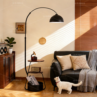 复古落地灯中古风客厅沙发旁氛围感钓鱼灯卧室床头置物架一体台灯