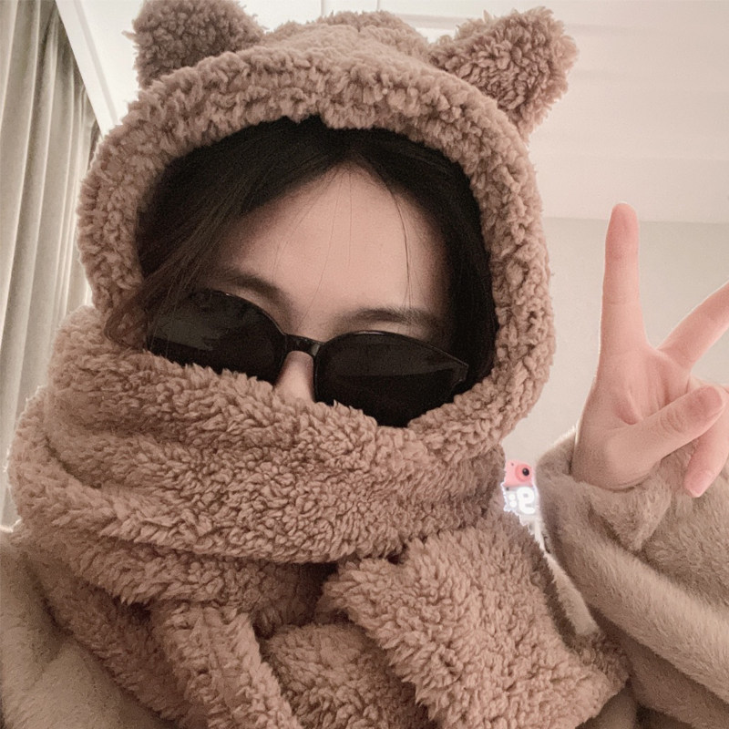 韩版金智妮jennie同款小熊耳朵头套帽子围巾一体毛绒护耳连体帽潮