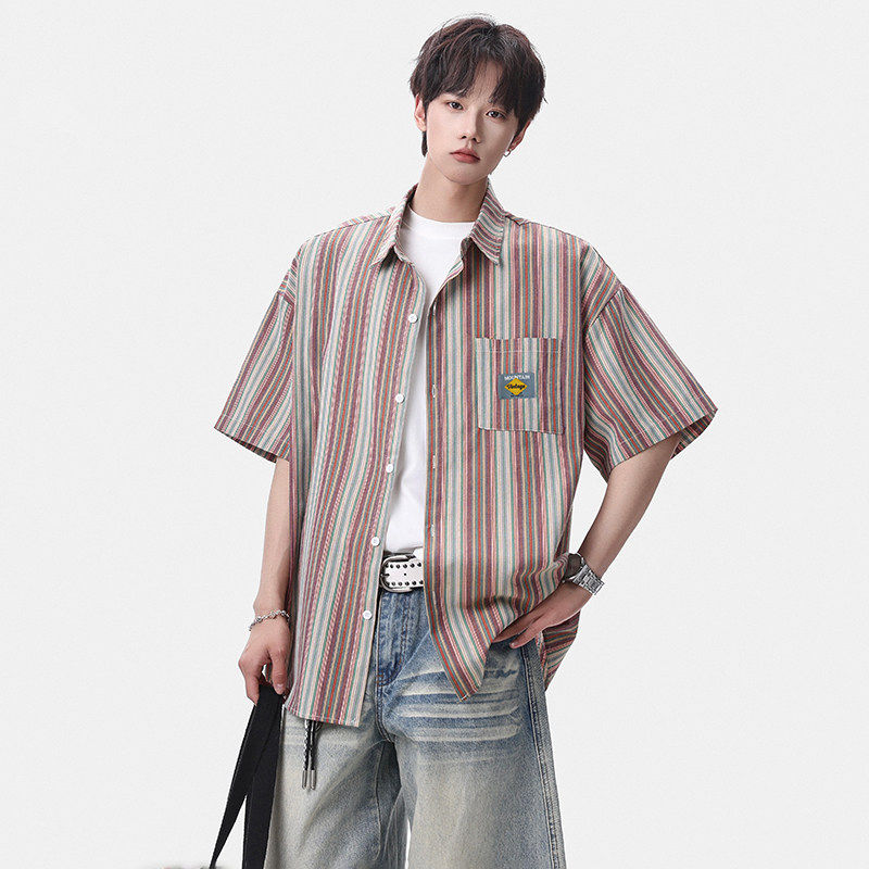 NO LOGO OFFICAL吕小虎GOODBAI阿茶与阿古宽松大码条纹短袖衬衣