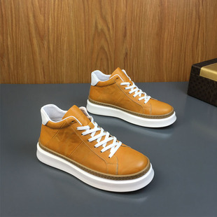 男士高帮鞋秋冬新款韩版潮流真皮厚底轻便高邦休闲鞋百搭拼色潮鞋