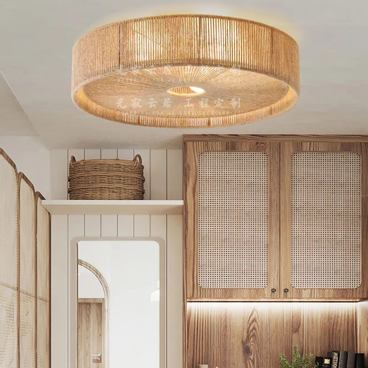 日式侘寂风麻绳吸顶灯复古设计师民宿餐厅卧室书房手工编织装饰灯