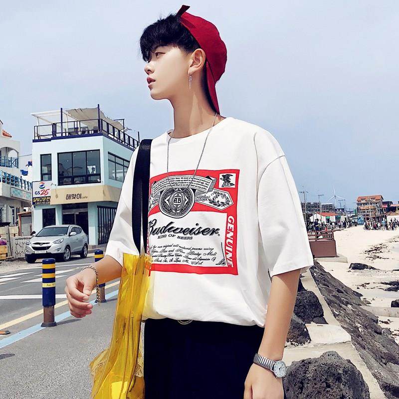 @右先生夏季百威啤酒印花短袖T恤复古宽松圆领青少年潮流体恤衫男|msdalam kategori Pakaian Lelaki, baju-T - dari Buy2taobao.com untuk memberikan perkhidmatan ejen Taobao profesional membeli