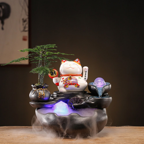 创意招财猫摆件流水生财循环水办公室桌面前台收银柜台开 业送礼