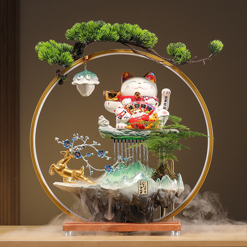 轻奢风招财猫摆件开 业循环流水摇手猫办公室装饰店铺送礼开 店礼