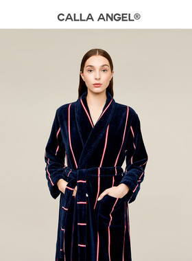 CallaAngel时尚浴袍男女士条纹毛巾料秋冬纯棉柔软情侣浴衣加长款