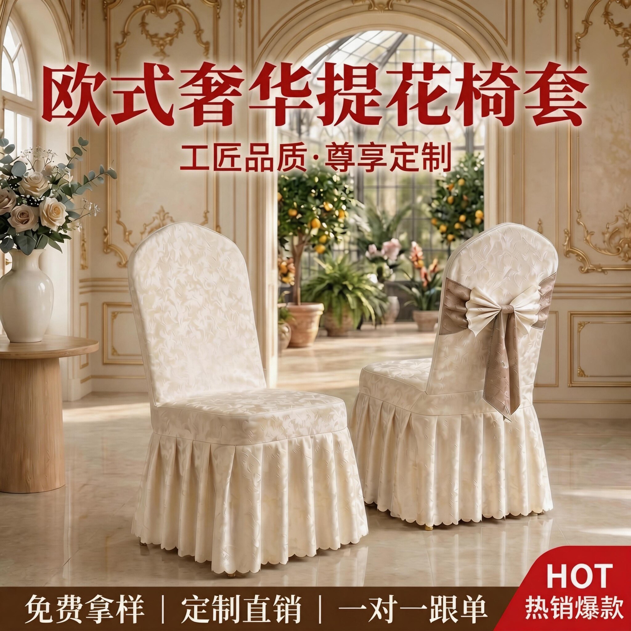 高精密提花蝴蝶结酒店椅套定制图片