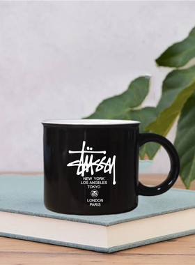 斯图西黑色经典咖啡杯限量高颜值马克杯日式简约黑白男生杯子复古