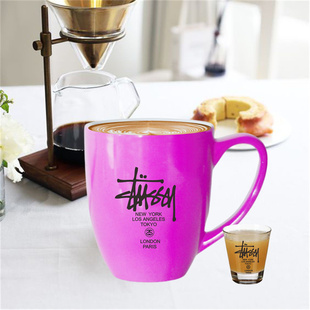 斯图西玫红粉色咖啡杯出口陶瓷杯简约家用女高颜值创意印花女生杯