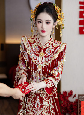 新中式秀禾服新娘结婚红色龙凤褂重工刺绣流苏中式嫁衣礼服传统女