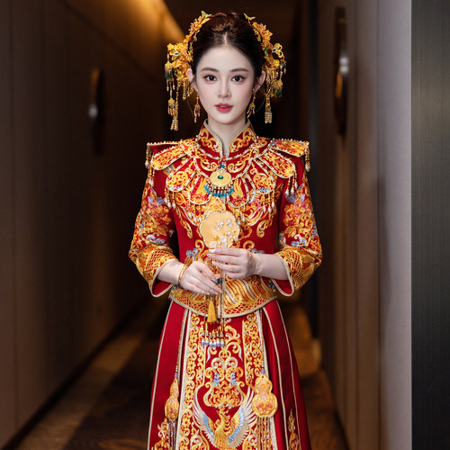 高级中式秀禾服盘金绣龙凤褂新娘结婚凤冠霞帔接亲礼服敬酒服金色