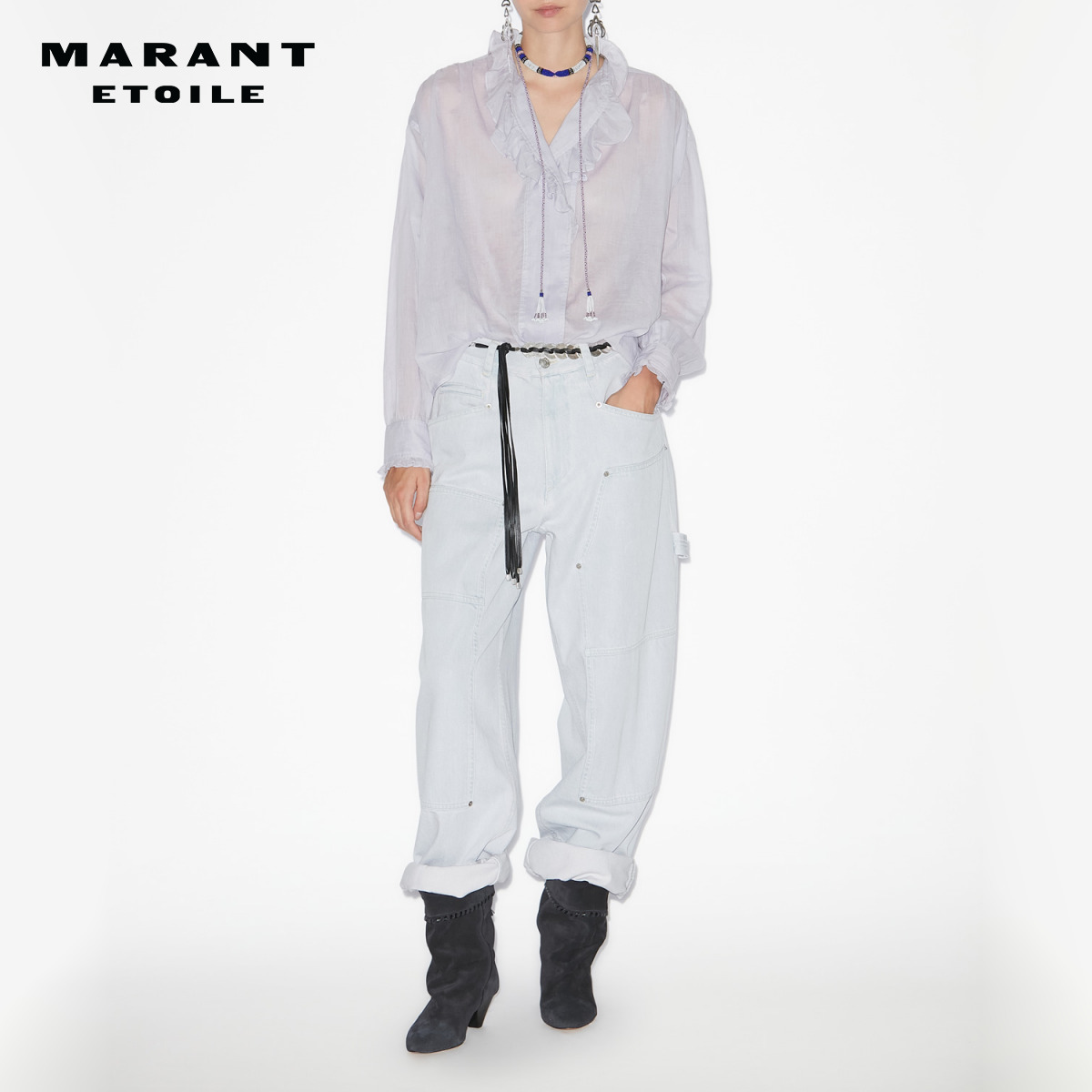 MARANT ETOILE PAMIAS含棉不对称荷叶边长袖上衣女