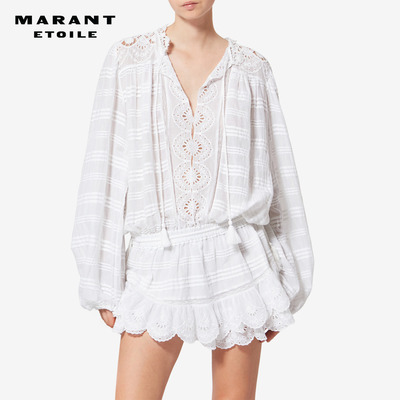 MARANT ETOILE2026早春新款PREYA 棉质花卉蕾丝短款荷叶边连衣裙