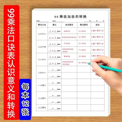 九九乘法口诀表认识意义和乘法加法转换读法练习二年级数学乘法基础专项练习