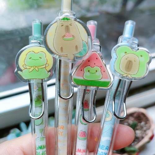 晨光文具 按动笔豚豚夏令营AGPJ7611 速干黑0.5mm中性笔黑ST头可爱学生用刷题签字笔高颜值ins金属夹青蛙饰件