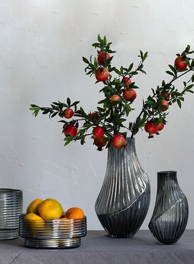 创意青灰色竖纹玻璃花瓶肌理歪脖子家居客厅装饰工艺品摆件